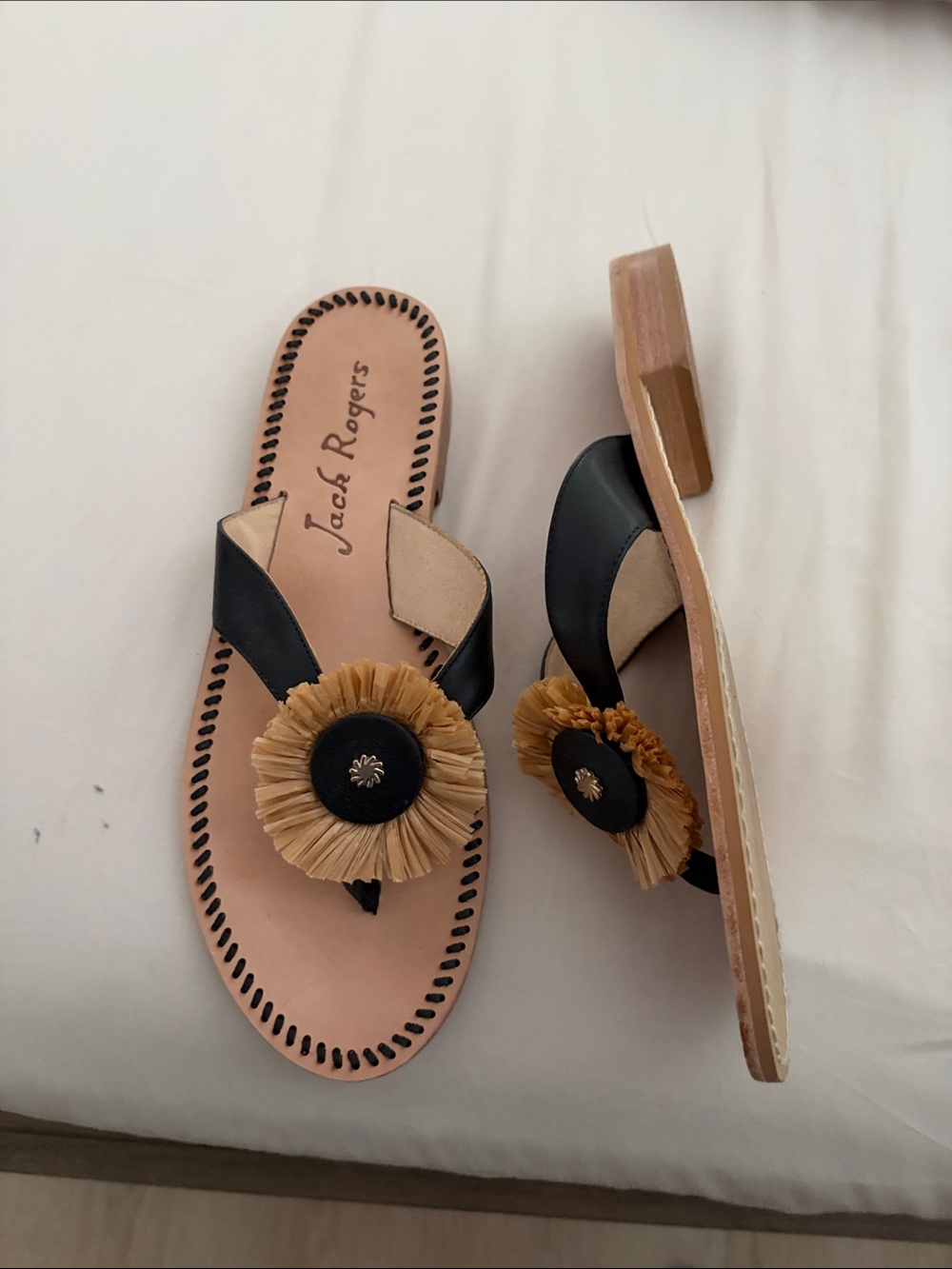 Jack Rogers Black and Tan Raffia Flower Slide Sandals